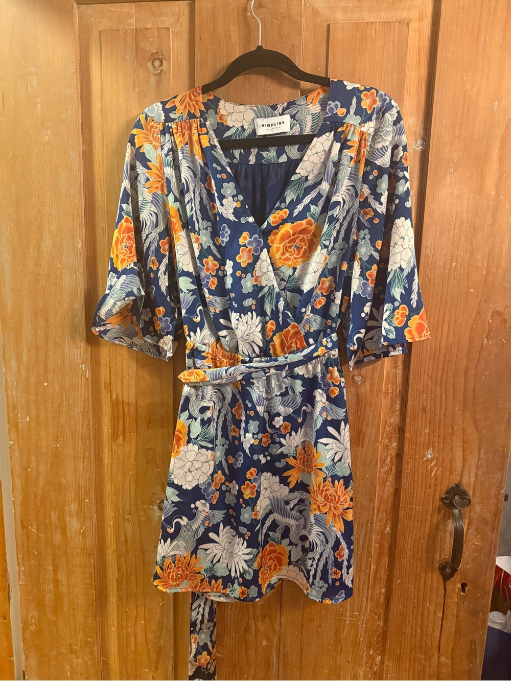 Rough Linen Navy Floral Wrap Tunic with Orange Accents